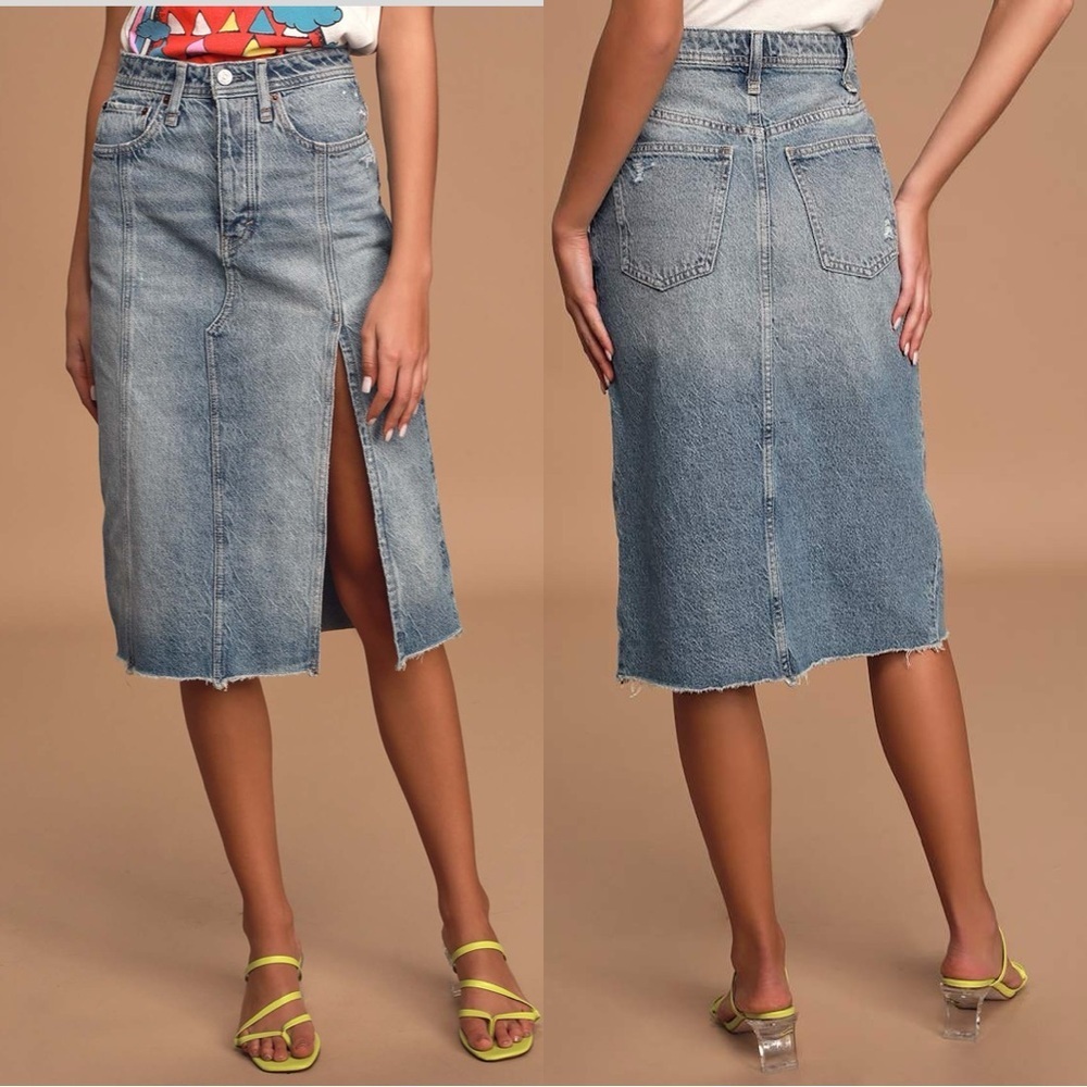 Free People Mambo Denim Midi Skirt Size 25 | Light Wash Raw Hem Slit Jean Skirt
